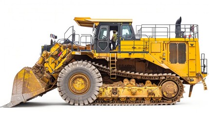 Obraz premium Heavy equipment machine and manufacturing equipment for open-pit mining Big yellow front-end loader or all-wheel bulldozer isolated on white background.