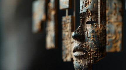 A Close-up Shot of a Abstract human windchimes, diverse facial tones