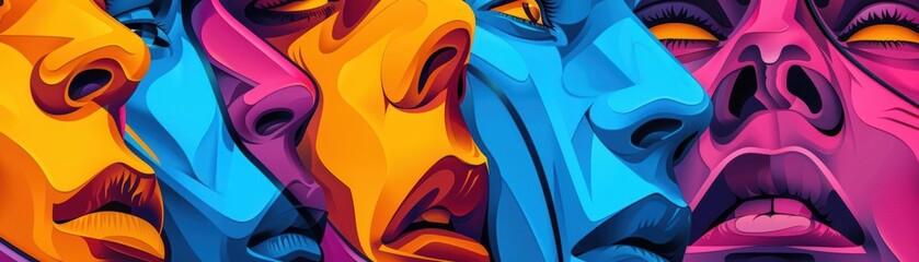 A Close-up Shot of a Abstract human faces with digital patterns and bright colors