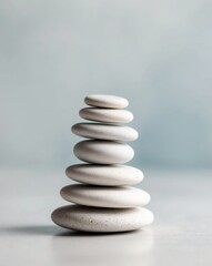 White sea pebble stone stack on light blue background.