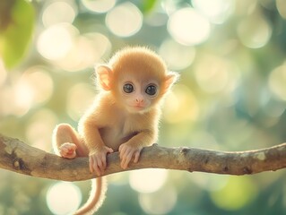 Naklejka premium Adorable Baby Primate Exploring Natural Habitat with Soft Bokeh Background
