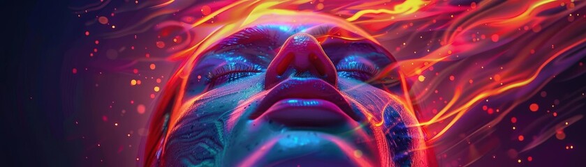 A Close-up Shot of a Abstract human faces with bright and bold neon colors