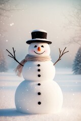 Fototapeta premium Whimsical Snowman Stands Tall in Dreamy Winter Landscape.