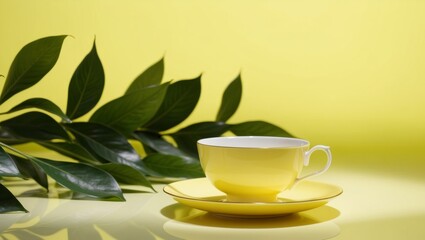 Yellow Teacup and Saucer with Green Leaves on Yellow Background.