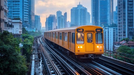 Naklejka premium A vibrant train speeds through a bustling city, showcasing a blur of yellow and blue in a minimalistic, dynamic urban setting
