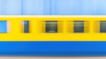 A vibrant train speeds through a bustling city, showcasing a blur of yellow and blue in a minimalistic, dynamic urban setting
