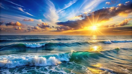 Obraz premium A breathtaking sunset over the ocean, with vibrant colors and dramatic waves breaking in the foreground.