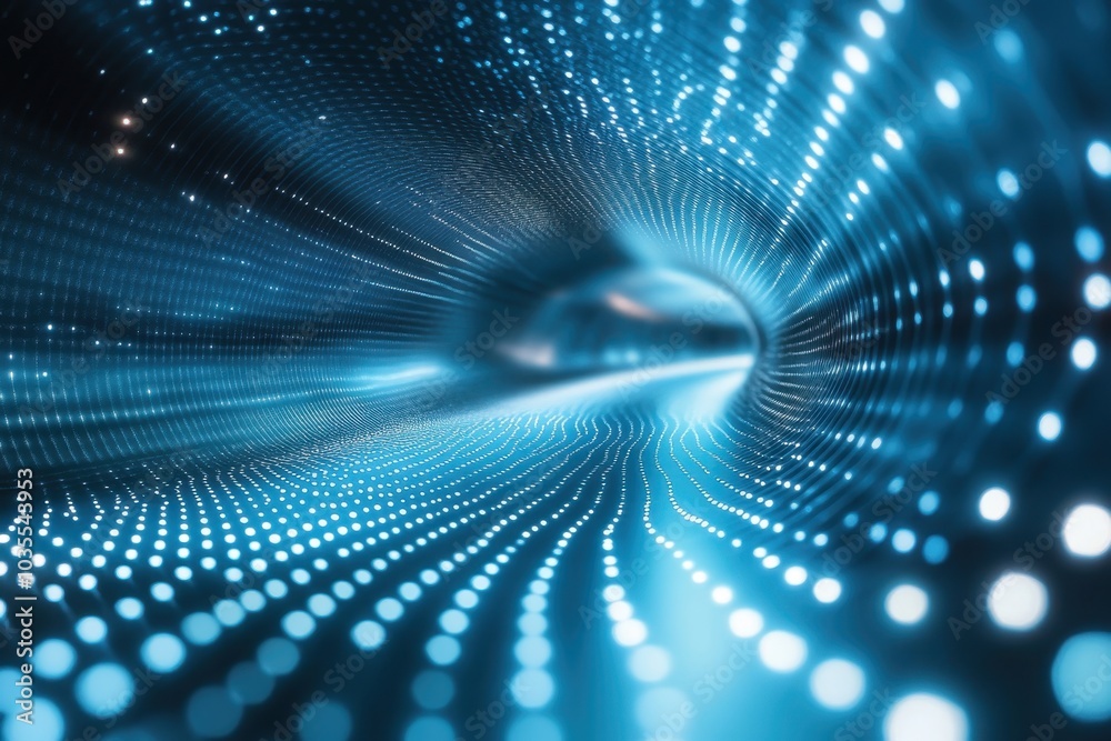 Poster blue dots create a dynamic tunnel, visualizing movement and technology in a digital space