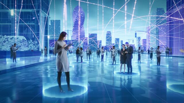 Futuristic Cityscape With Diverse Individuals Interacting Through Digital Devices, Connected by Glowing Data Streams, Illustrating Big Data, Machine Learning, and High-tech in Digital Communication.
