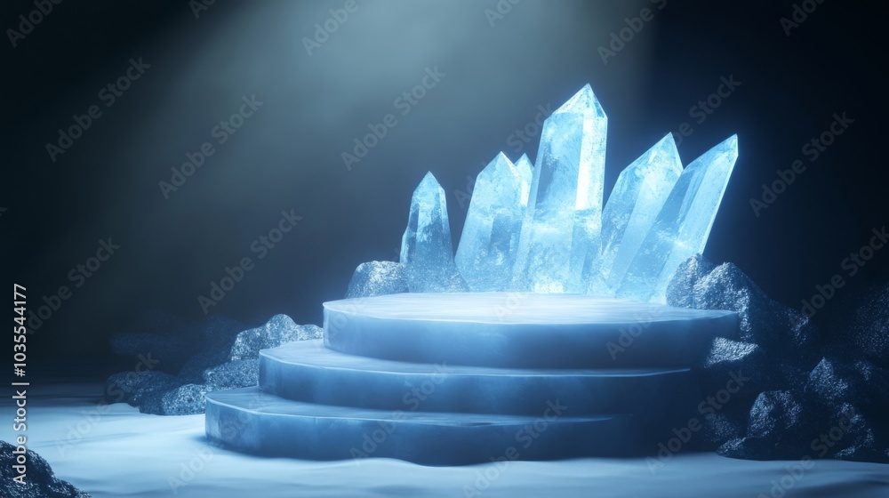 Aufkleber a serene platform is surrounded by glimmering crystals, illuminated by a soft blue light. the settin