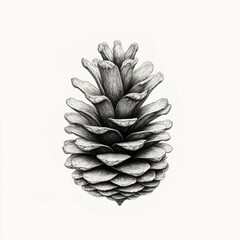 A detailed pencil drawing of a pine cone isolated on a white background.
