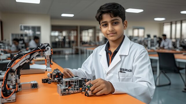 An Indian boy in a lab coat is focused on assembling a robotic toy car using small robotic arms in a contemporary school laboratory