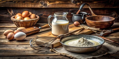 Fototapeta premium Rustic Kitchen Still Life with Ingredients for Baking Milk, Eggs, and Flour in a Bowl on a Wooden Table