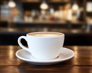 Cup of coffee sitting on a saucer on a wooden table - Food and Drink