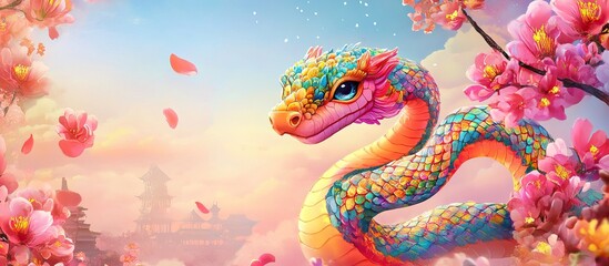 Obraz premium A Colorful Serpent Amidst Blooming Flowers