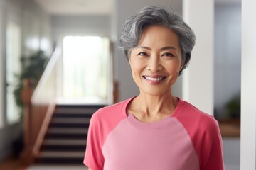 Fototapeta premium Portrait of a smiling active senior woman in sport clothes at home
