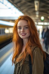 Smiling Redhead Woman at Train Station