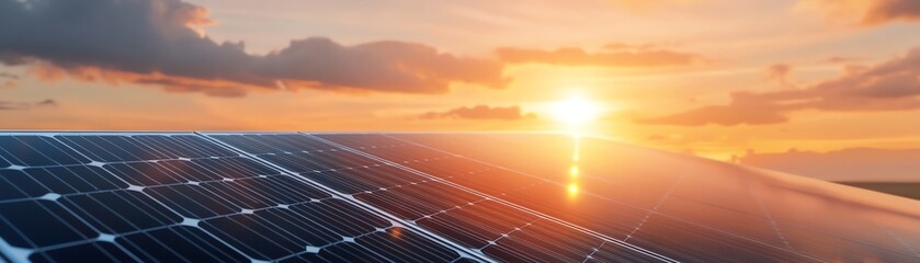 Solar panels capturing sunlight during a beautiful sunset, highlighting sustainable energy and environmental conservation.