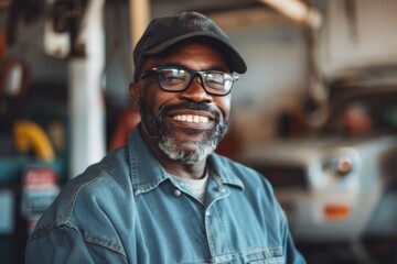 Obraz premium Portrait of a smiling middle aged African American car mechanic