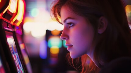 A captivating image of a young woman playing a slot machine, with her eyes on the screen