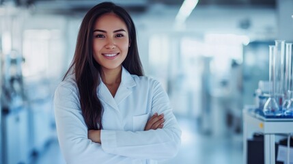 Fototapeta premium A vibrant image of a young woman scientist in a white coat, standing with arms crossed and a friendly smile. The background is softly blurred, a modern lab filled with scientific equipment.