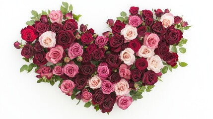 A heart shape formed by vibrant red and pink roses, beautifully arranged and isolated on a white background. This romantic design is perfect for love-themed projects and decorations.