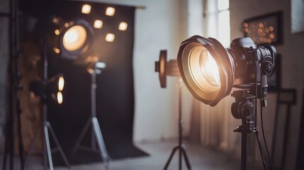Professional photography studio with modern lighting equipment and softbox, creating the perfect atmosphere for a photo shoot.