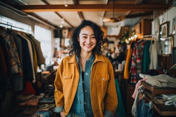 Fototapeta premium Portrait of a smiling Asian woman owner of second hand shop