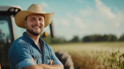 Fototapeta premium Farmer in a straw hat standing beside his tractor at the edge of a field, relaxed posture with a content smile