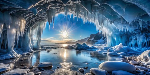 A frozen cave opening frames a radiant sun illuminating a frozen landscape, reflecting on the calm, icy waters.