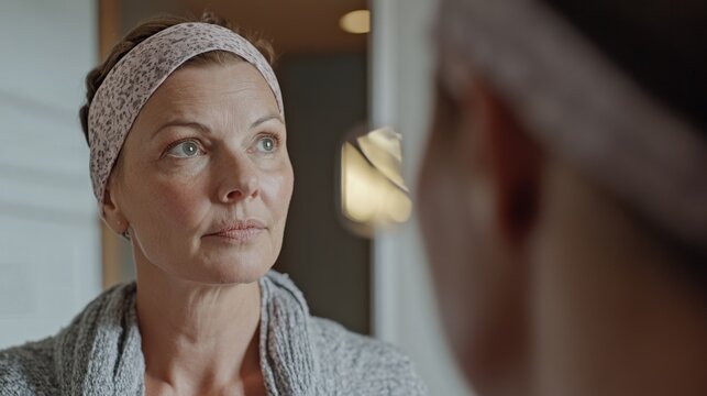 A poignant moment featuring a cancer survivor woman inspecting her post-mastectomy scars in the mirror. The scene conveys a message of hope and strength,  her bravery in embracing her new reality.