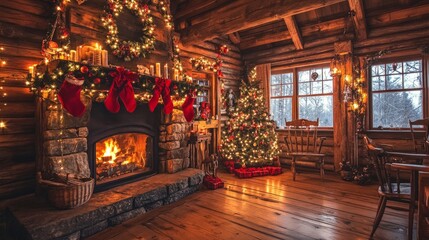 A festive cabin with a decorated fireplace, warm lighting, and rustic wooden walls for a cozy vibe.