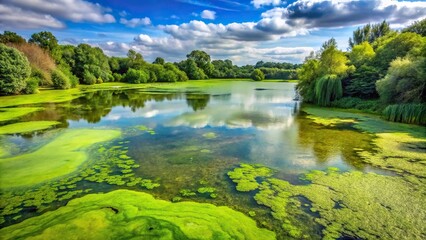 Fototapeta premium A green slimy algae coating covers the surface of a polluted lake with aquatic plants and trees surrounding it, nature, wetlands, industrial waste