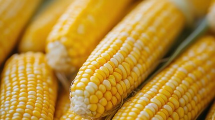 Detailed close-up of multiple corn cobs, emphasizing the texture of the kernels and the freshness of the harvest. Ideal for agricultural themes and food-related projects.