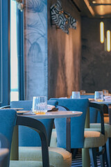 Modern contemporary colorful interior design inside speciality dining a la carte restaurant onboard luxury cruiseship cruise ship liner