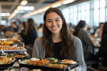 A bright young woman with a broad smile enjoys her meal in the midst of a bustling and diverse cafeteria, where a variety of food options abound on the table.