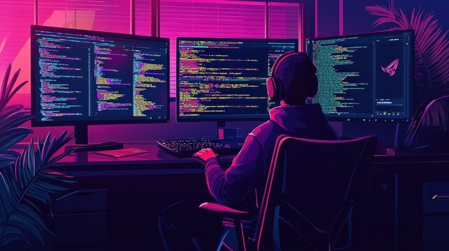 Developer working on a project with multiple monitors in a vibrant, neon-lit workspace. The focus is on coding and technology.