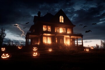 An eerie, dimly-lit house exudes a spooky glow through windows and jack-o'-lanterns, under a stormy sky with bats flying, capturing a haunted atmosphere.