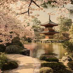 Serene Japanese Zen Garden with Cherry Blossoms and Traditional Pagoda