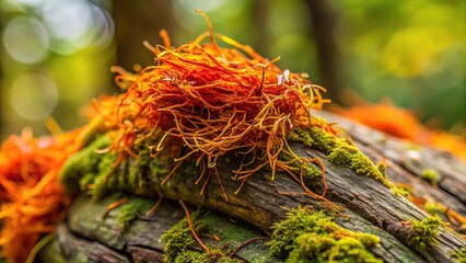 A cluster of saffron threads tangled with slimy moss and lichen on an ancient tree trunk, wood, moss, fungi