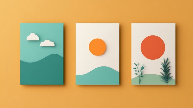 Three modern invitations with bold geometric designs, striking colors, and minimalistic elements, very realistic