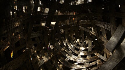 with Prism Effect: An abstract composition of agave fibers woven into a circular pattern. Sunlight passing through creates a rainbow halo around the center. 