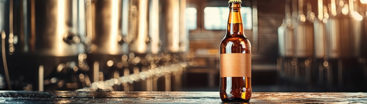 A single beer bottle stands on a brewery table, illuminated by warm lighting, surrounded by large brewing equipment in the background.