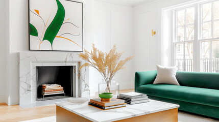 Modern furniture in elegant living room with stylish interior design and unique fireplace
