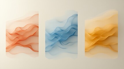 Three artistic designs with abstract watercolor washes, vibrant colors, and unique fonts, very realistic