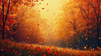 Fototapeta premium Vibrant Autumn Forest Wallpaper: Fall Colors, Golden Leaves, and Serene Pathway for Desktop Background and Screensaver