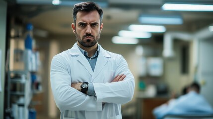 Obraz premium Angry doctor in a white coat, arms crossed and looking at a patient in a sterile office, soft overhead lighting,