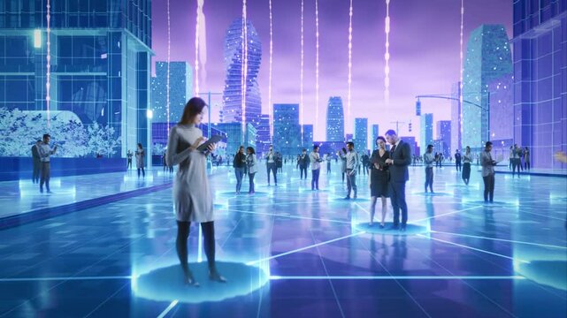 Futuristic Cityscape Where Diverse Individuals Engage With Digital Devices, Interconnected by Glowing Data Streams. Perfect for Illustrating Trends in Big Data, Machine Learning.
