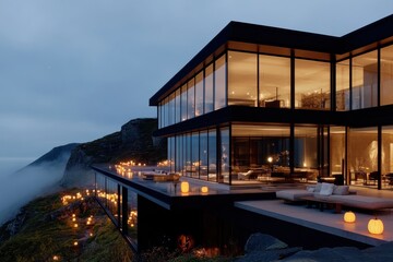 Obraz premium This modern glass house emits a warm glow, adorned with intricately carved Halloween pumpkins, enhancing the fusion of contemporary design and festive spirit.