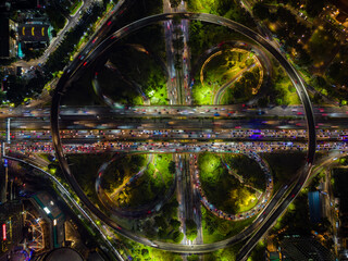 Aerial view of evening traffic on multi-lane road during rush hour in Jakarta, Indonesia